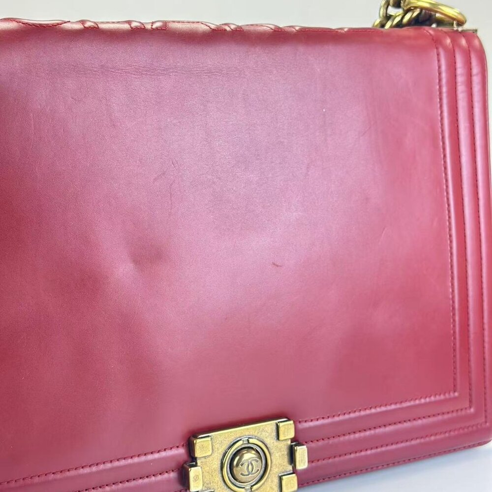 Chanel Red Leather Large Boy Bag Shoulder Bag Crossbody - Picture 8 of 9